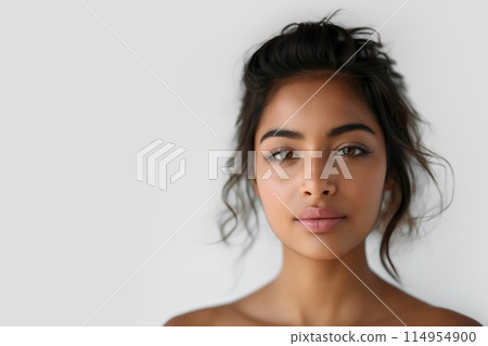 Portrait of a young woman with dark hair in a casual updo, featuring a natural and radiant smile 114954900