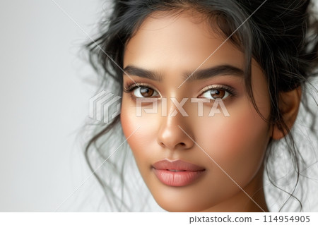 Close up of a young woman with soft makeup and dark hair, highlighting her smooth skin 114954905