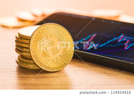 Bitcoin gold coin. Cryptocurrency and business chart in cellphone. 114954918