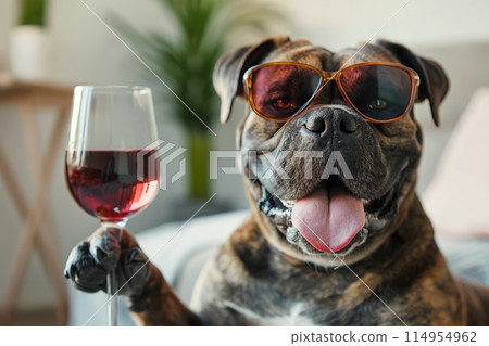 Boxer dog wearing sunglasses, holding a wine... - Stock Illustration  [114954962] - PIXTA