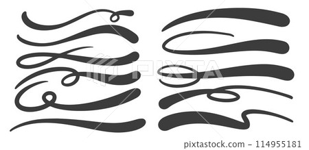 Swoosh and swish vector underlines. Hand drown swirl swashes. Curly strokes with squiggle tails. Elegant calligraphic decorative elements. Flourish vintage shapes 114955181