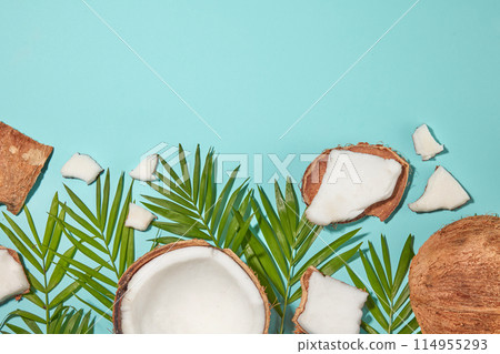 Top view photograph on blue background, several pieces of dry coconut placed on below corner, decorated with green color of coconut leaves. Many vacant spaces for designing or advertising Top view photograph on blue background, several pieces of dry coconut placed on below corner, decorated with green color of coconut leaves. Many vacant spaces for designing or advertising 114955293
