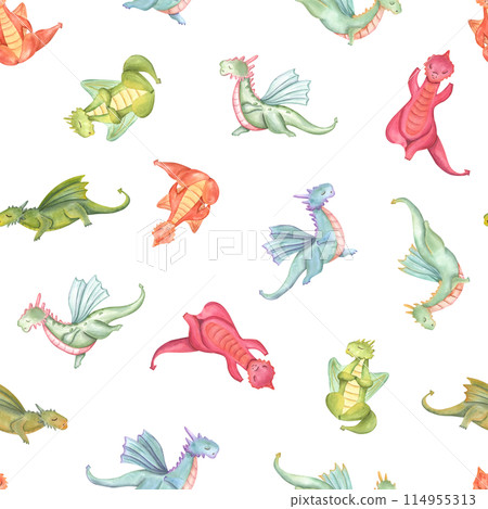 Multicolored dragons doing fitness. Flying animals in various poses of yoga. Seamless pattern with dragon practicing meditation. Watercolor stylized illustration. For fitness center design Multicolored dragons doing fitness. Flying animals in various poses of yoga. Seamless pattern with dragon practicing meditation. Watercolor stylized illustration. For fitness center design 114955313