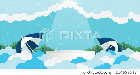 Monsoon sale podium with white fluffy clouds for products display presentation with clouds and raindrops.  114955588