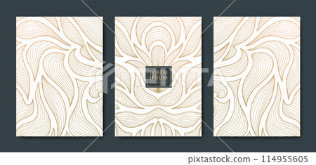 Vector set of floral gold background patterns, art deco leaves line invitations. Elegant frames, luxury plant textures. Vector set of floral gold background patterns, art deco leaves line invitations. Elegant frames, luxury plant textures. 114955605