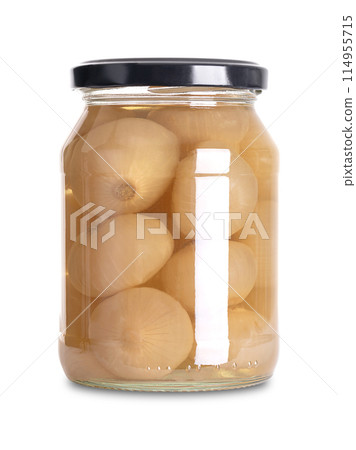 Borettane onions, pickled in a glass jar with screw cap. Italian pearl onions with flat and saucer-like shape, preserved in brine of water, white wine vinegar, sugar and salt. Front view, food photo. Borettane onions, pickled in a glass jar with screw cap. Italian pearl onions with flat and saucer-like shape, preserved in brine of water, white wine vinegar, sugar and salt. Front view, food photo. 114955715