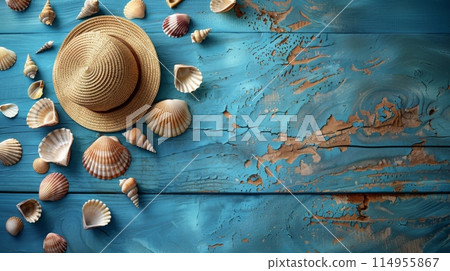 seashells on blue wooden plank with straw hat. top view. 114955867