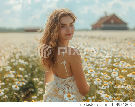 A woman in a summer dress runs through a field of daisies, laughing. 114955868