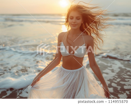 woman in a light white dress, twirling on the beach. realistic photo 114955870