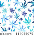 Cannabis pattern isolated on white background, mint or blue leaves. Watercolor illustration, medicine herb plant Cannabis pattern isolated on white background, mint or blue leaves. Watercolor illustration, medicine herb plant 114955975