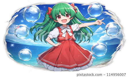 A girl making a peace sign with the midsummer sea in the background A girl making a peace sign with the midsummer sea in the background 114956007