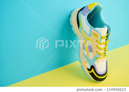 Fashionable Sneaker on colorful background. Creative banner with stylish shoes Fashionable Sneaker on colorful background. Creative banner with stylish shoes 114956023