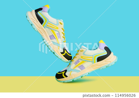Fashionable Sneakers on colorful background. Creative banner with stylish shoes 114956026