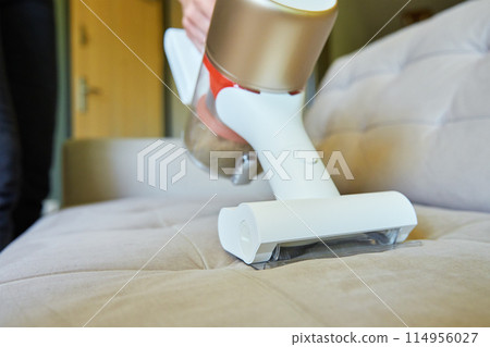 Woman Cleaning Sofa With Vacuum Cleaner in Living Room Woman Cleaning Sofa With Vacuum Cleaner in Living Room 114956027