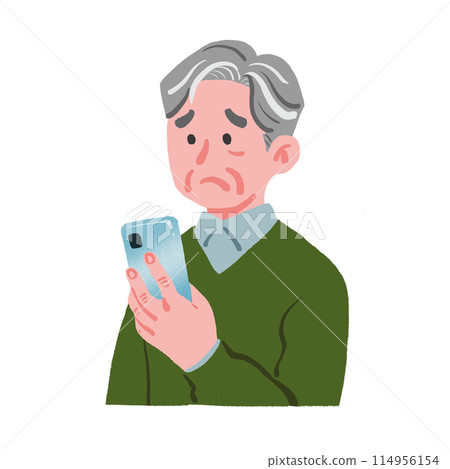 Grandpa looking at his smartphone with a troubled expression 114956154