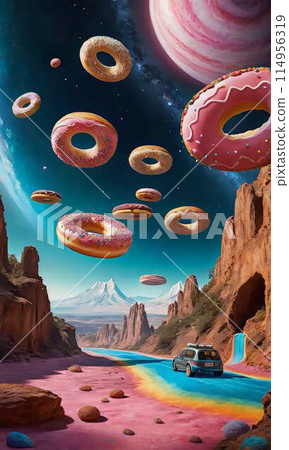 A car drives along a road with a cosmic landscape A car drives along a road with a cosmic landscape 114956319