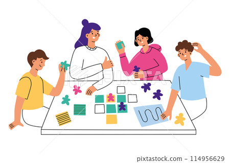 Family playing strategy board game, adults and children having fun together. Hand drawn composition with table game. Leisure activity and hobby for friends. Vector illustration of strategy game 114956629