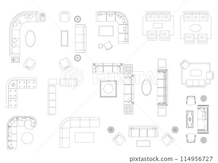 sofa furniture icon interior plan view top set vector. architecture house line home outline apartment collection isolated layout design project blueprint. 114956727