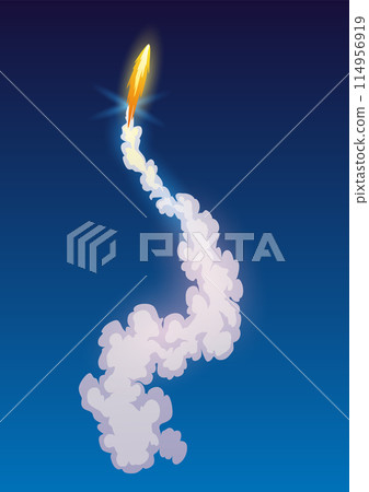 Rocket trail fire smoke, spaceship launch with clouds, spaceflight effects. Space rocket of galaxy shuttle or spacecraft engine. Cartoon vector illustration 114956919