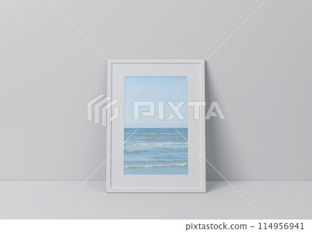 Tropical sea and blue sky poster in vertical blank white poster frame, 3D rendering Tropical sea and blue sky poster in vertical blank white poster frame, 3D rendering 114956941