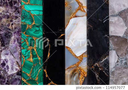 Precious Black Obsidian, Amethyst, Malachite, Agate, Smoky Quartz, Petrified wood. Precious Black Obsidian, Amethyst, Malachite, Agate, Smoky Quartz, Petrified wood. 114957077