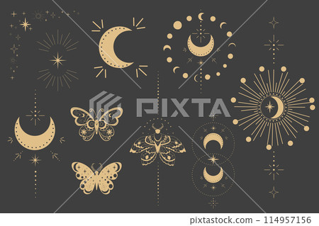Esoteric frame tattoo gold line border magic sacred moon decoration cover, celelstial mystery esoteric decoration with moth or butterfly, sun, stars on dark background. 114957156