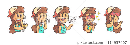 Cute Teenage Girl in Cap with Different Facial Expression Vector Set 114957407