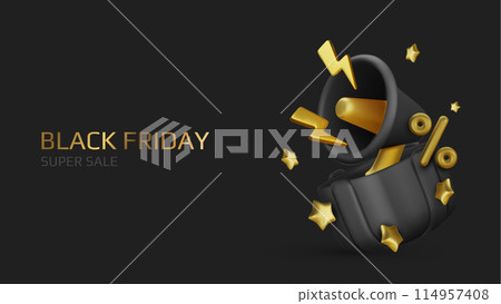 Black Friday super sale. Promo background with realistic 3d cartoon style elements, black gift, percent symbols, stars, percent symbols. Promotion banner, web poster. vector illustration 114957408