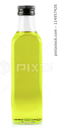 Green Olive oil bottle isolated on white background Green Olive oil bottle isolated on white background 114957426