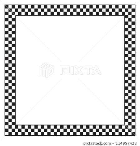 Square frame with checkered print. Rectangular vignette with checkerboard, rally flag or chess game pattern isolated on white background. Chequered framework. Vector graphic illistration Square frame with checkered print. Rectangular vignette with checkerboard, rally flag or chess game pattern isolated on white background. Chequered framework. Vector graphic illistration 114957428