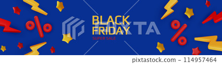 Black Friday super sale. Promo background with realistic 3d cartoon style elements, black gift, percent symbols, stars, percent symbols. Promotion banner, web poster. vector illustration 114957464