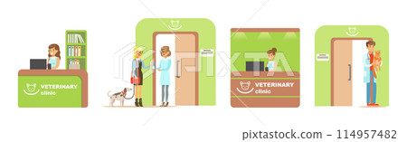 Veterinary Clinic with People Doctor and Pet Owner Vector Set 114957482