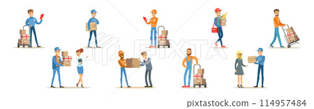 Man Character Delivery Service Worker Bring Freight Vector Set Man Character Delivery Service Worker Bring Freight Vector Set 114957484