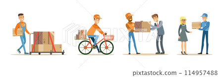Man Character Delivery Service Worker Bring Freight Vector Set Man Character Delivery Service Worker Bring Freight Vector Set 114957488