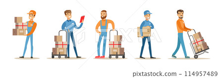 Man Character Delivery Service Worker Bring Freight Vector Set 114957489