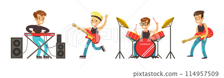 Happy Kid Rock Musician Play Instrument and Sing on Stage Vector Set 114957509