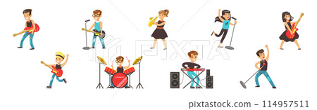 Happy Kid Rock Musician Play Instrument and Sing on Stage Vector Set Happy Kid Rock Musician Play Instrument and Sing on Stage Vector Set 114957511