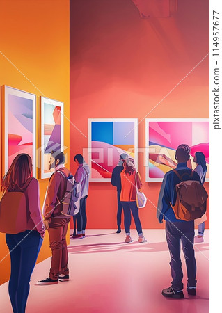 Vector paper cut scene of a photo gallery exhibition, with pastel-colored framed pictures and visitors admiring the beauty of photography Vector paper cut scene of a photo gallery exhibition, with pastel-colored framed pictures and visitors admiring the beauty of photography 114957677