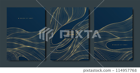 Vector set of wave background patterns, line Japanese design, abstract sea texture. Golden on dark illustration. Asian posters, vintage oriental covers Vector set of wave background patterns, line Japanese design, abstract sea texture. Golden on dark illustration. Asian posters, vintage oriental covers 114957768