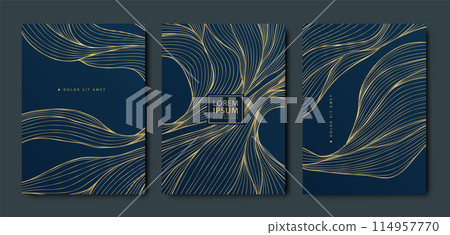 Vector set of wave background patterns, line Japanese design, abstract sea texture. Golden on dark illustration. Asian posters, vintage oriental covers Vector set of wave background patterns, line Japanese design, abstract sea texture. Golden on dark illustration. Asian posters, vintage oriental covers 114957770