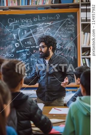 A teacher explaining a concept at the chalkboard while students take notes 114957982