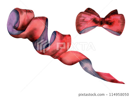 Red ribbon bow tie braid fabric. Hand drawn watercolor illustration sewing craft embroidery supplies. Single object isolated on white background. Design atelier, tailor, hobby shop, fashion boutique. 114958050