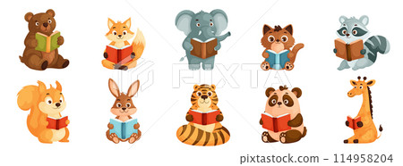Adorable Cartoon Animals Reading Books. Cute Illustrations of Bear, Fox, Elephant, Raccoon, and More Engaged in Reading. Perfect for Educational Materials, Childrens Books, and Literacy Campaigns. 114958204