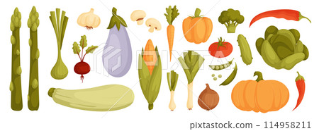 Cartoon Vegetables Collection. Colorful and Detailed Illustrations of Fresh Vegetables Including Asparagus, Eggplant, Corn, and More. Perfect for Healthy Eating Promotions and Educational Materials. Cartoon Vegetables Collection. Colorful and Detailed Illustrations of Fresh Vegetables Including Asparagus, Eggplant, Corn, and More. Perfect for Healthy Eating Promotions and Educational Materials. 114958211