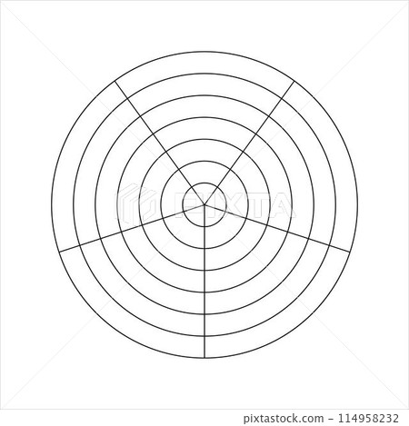 Round diagram with concentric circles divided on 5 equal sectors. Pie radar chart, wheel of life or habits tracker template with 5 segments isolated on white background. Vector graphic illustration 114958232
