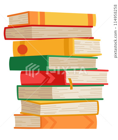 High book stacks or pile. Library textbooks and school literature heaps, dictionaries. Bookstore advertise. Cartoon stacked books angle view with different colorful covers isolated on white High book stacks or pile. Library textbooks and school literature heaps, dictionaries. Bookstore advertise. Cartoon stacked books angle view with different colorful covers isolated on white 114958258