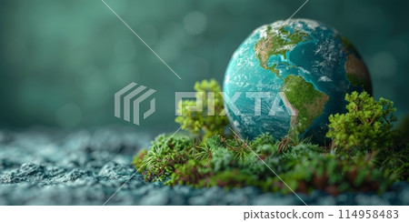 Planet Earth with green trees and moss growing on rocky surface against blurred background. Concept of global ecology, climate change, environmental protection, and sustainability 114958483