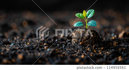 Young green plant sprouting from fertile soil, symbolizing new life and growth. Concept of nature, renewal, and environmental sustainability. 114958561