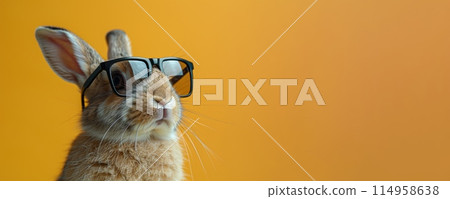Close up portrait of a cute brown bunny wearing eyeglasses, isolated on an orange background. Easter concept. 114958638