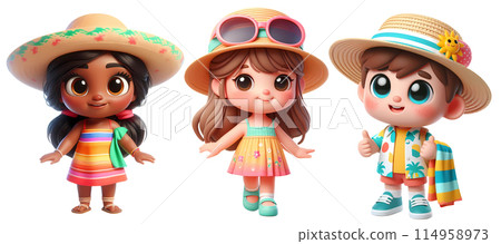 Cute 3D Cartoon Style Happy Children Dressed in Summer Clothes 114958973